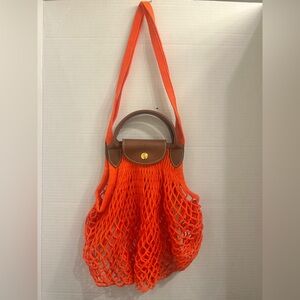 Longchamp Orange Mesh Tote Bag with Brown Accents